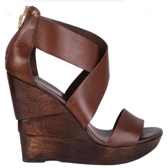 Diane Von Furstenberg Opal Brown Leather Wooden Wedges! size 7M! Worn Only Once! - Picture 5 of 16